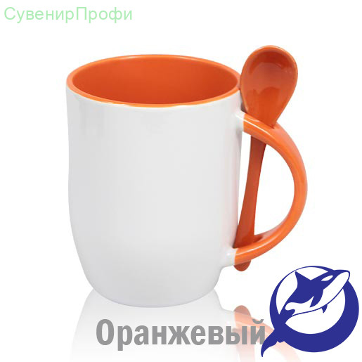Кружка керамика белая, внутри, ручка и ложка оранжевая 330мл