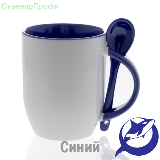 Кружка керамика белая, внутри, ручка и ложка синие 330мл